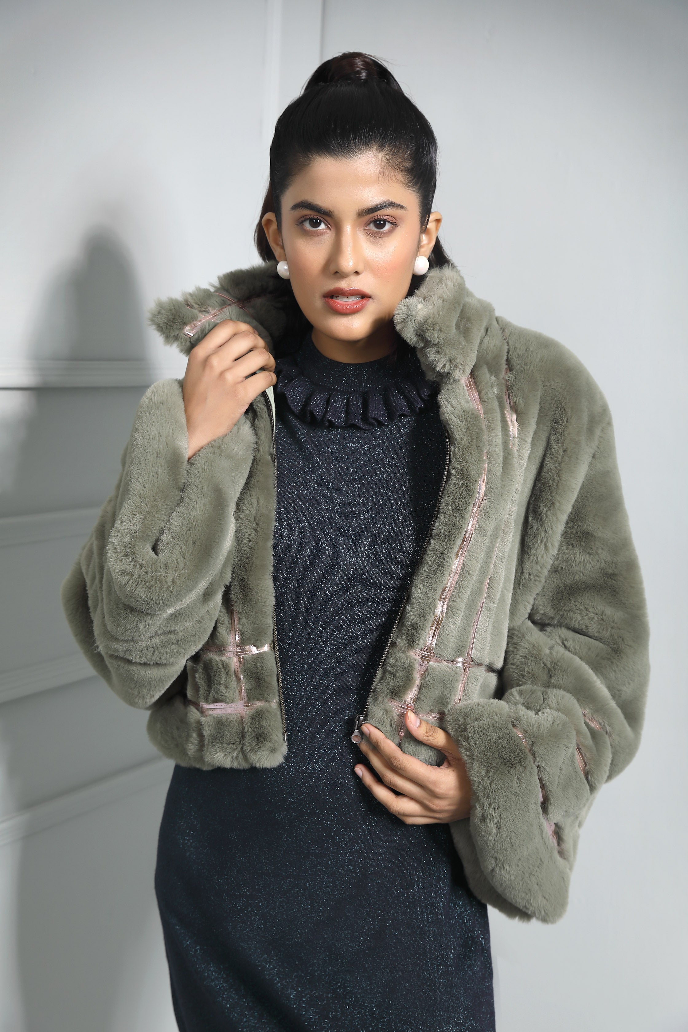 Jade Fur Jacket With Metallic Polymer