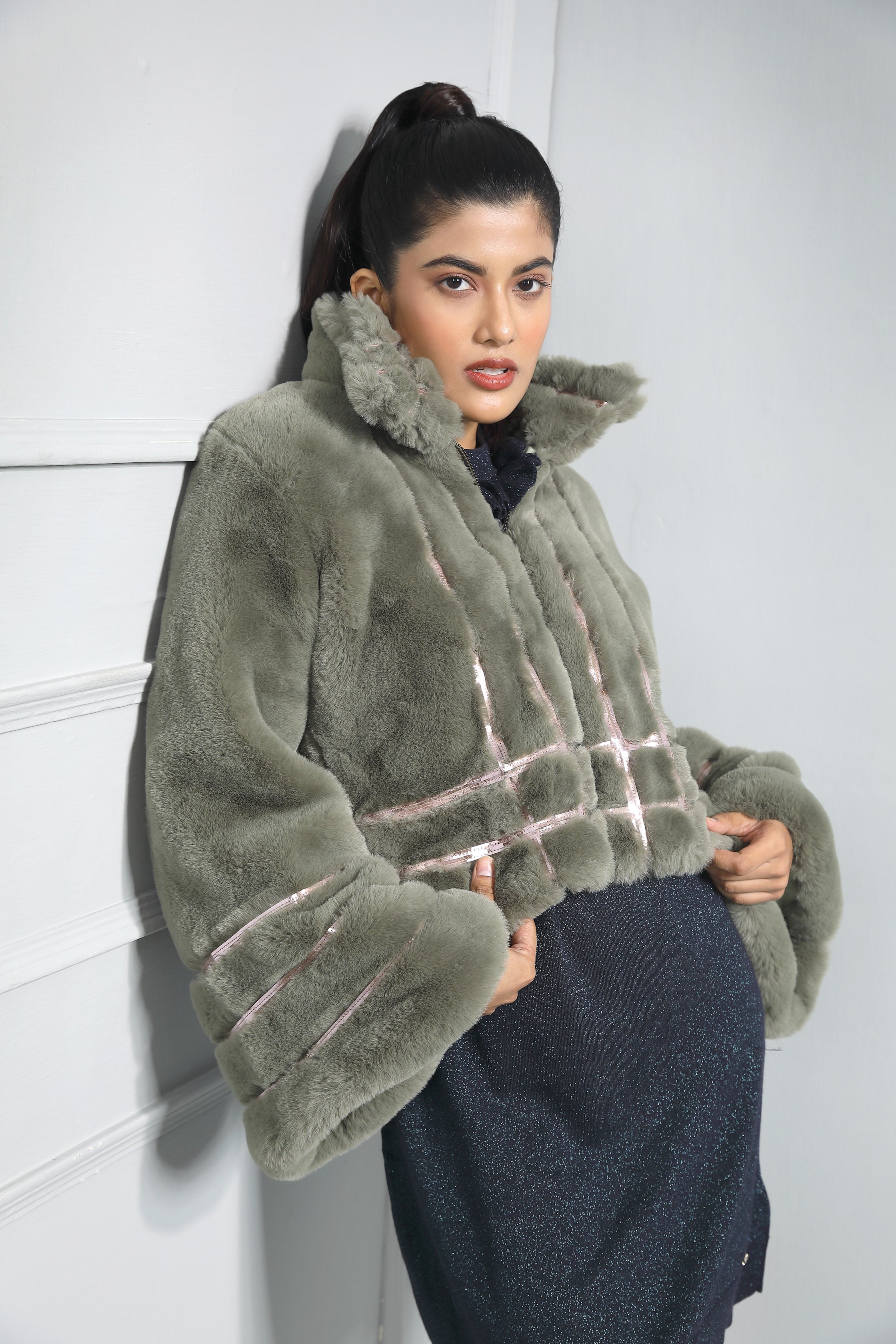 Jade Fur Jacket With Metallic Polymer