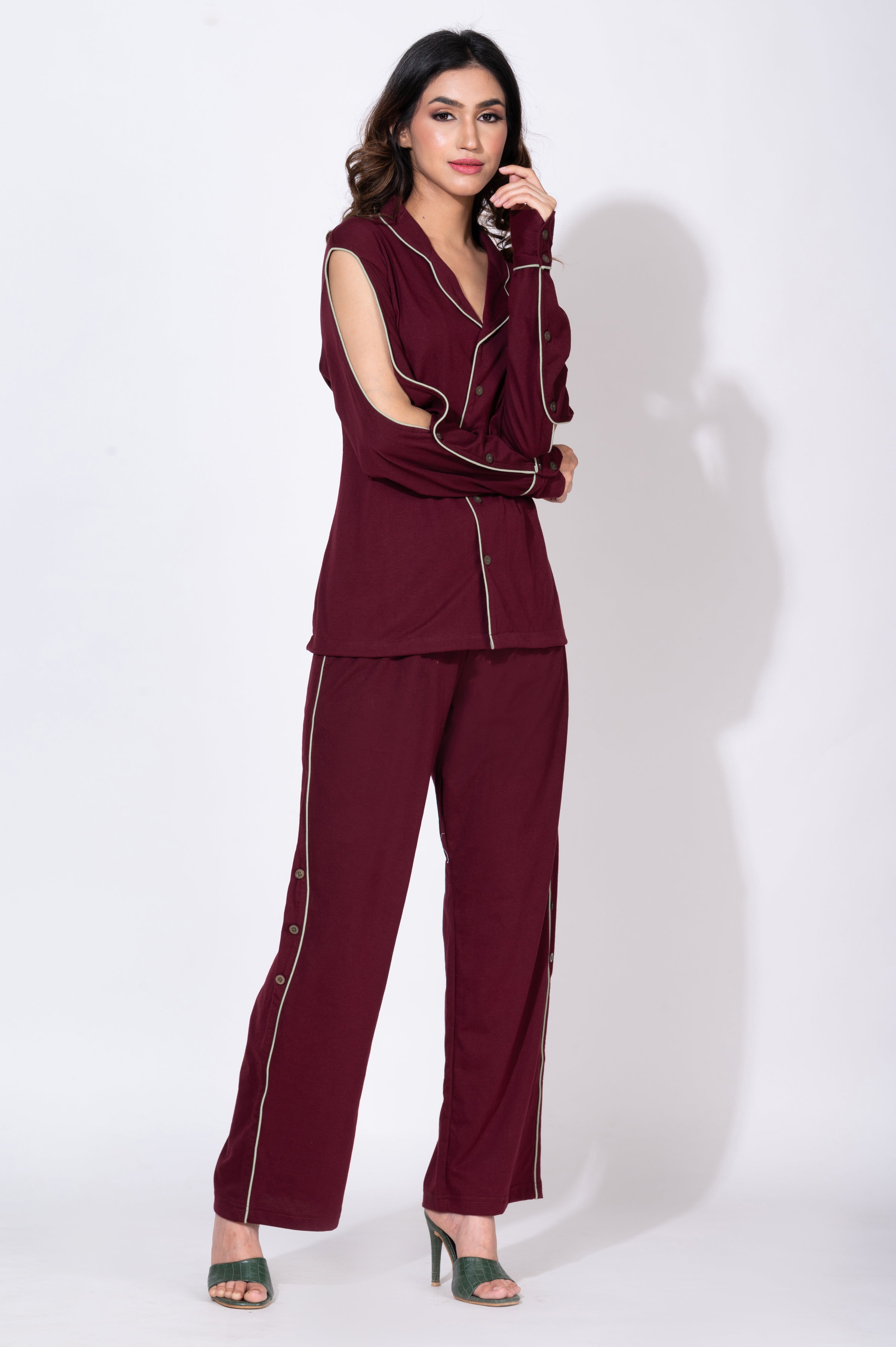 Cut-out sleeves wine set - Pants