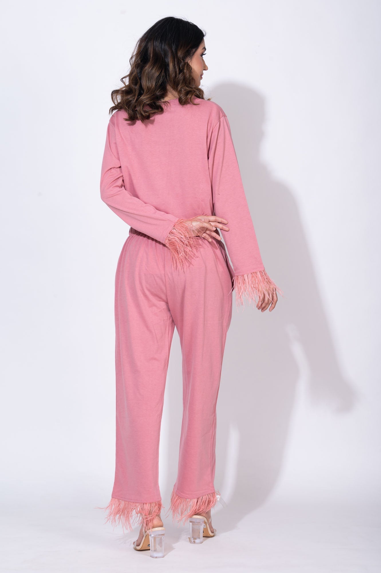 Feather-trimmed blush Pink Set - Pants