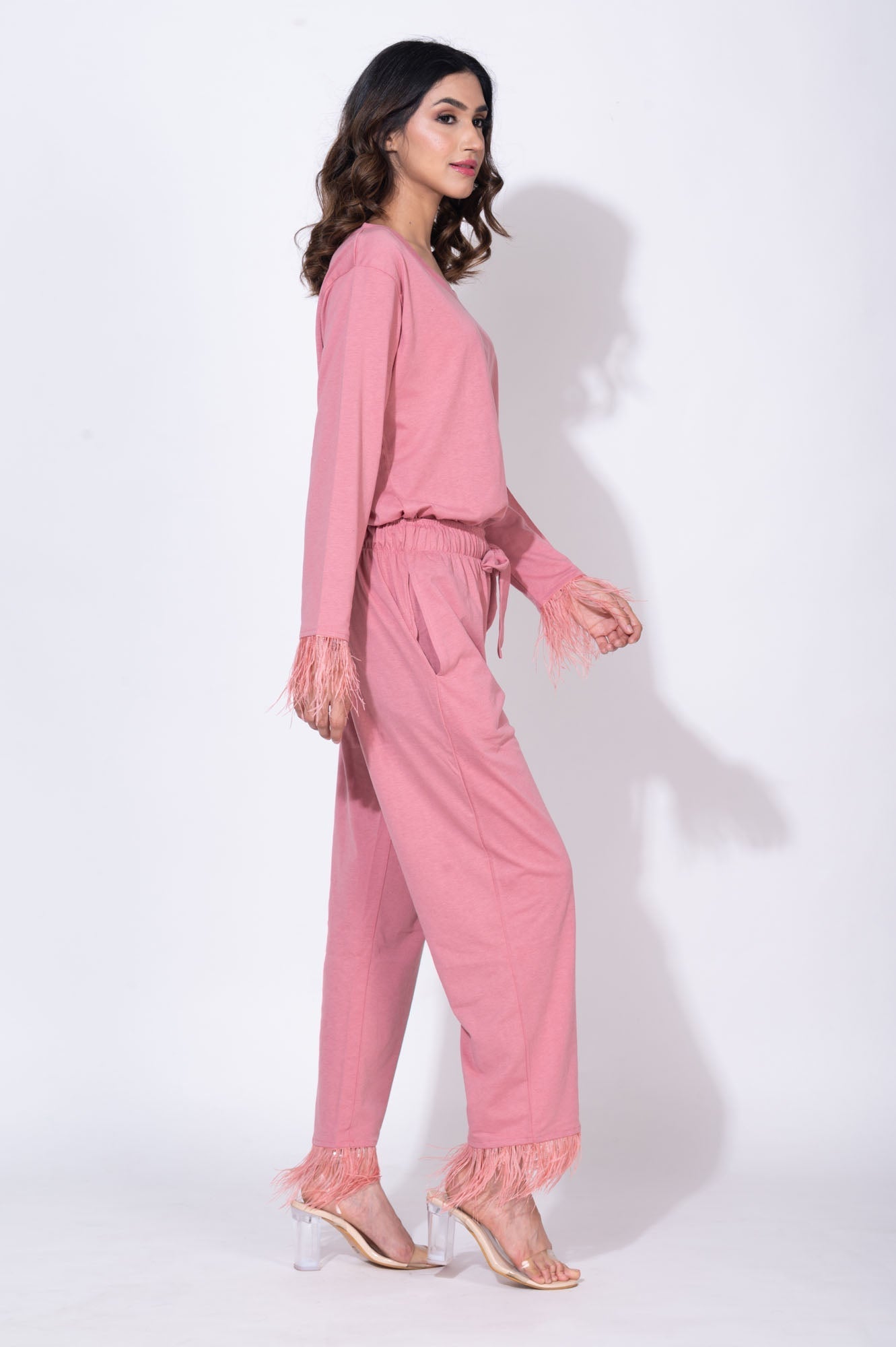 Feather-trimmed blush Pink Set - Pants