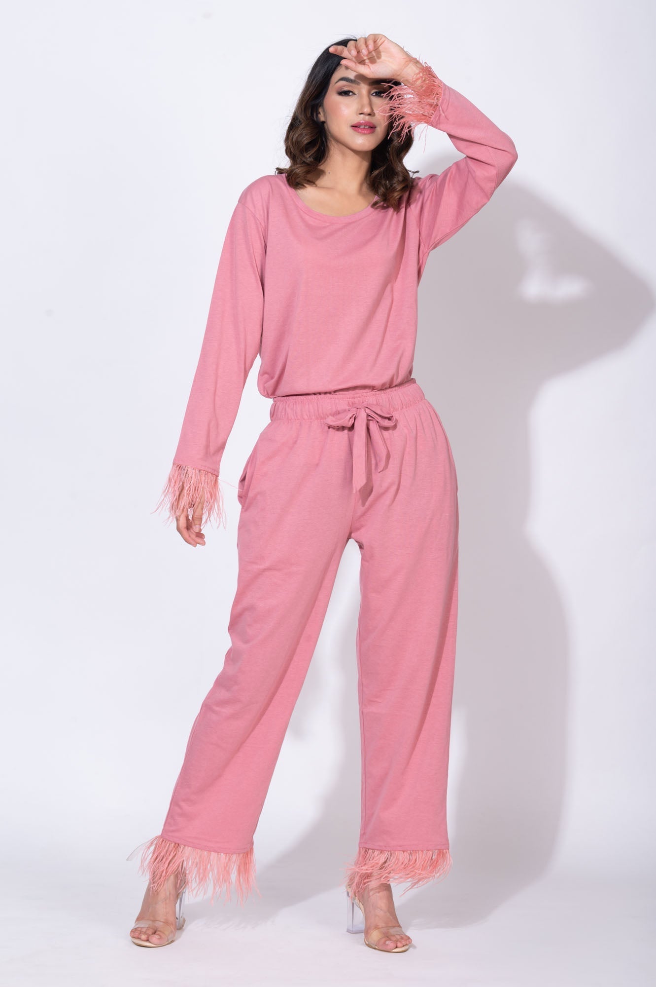 Feather-trimmed blush Pink Set - Pants