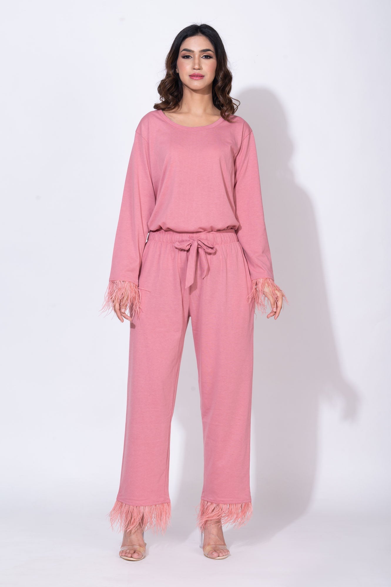 Feather-trimmed blush Pink Set - Pants